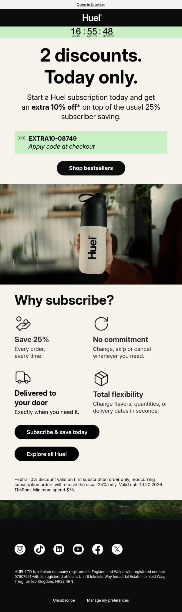 2 discounts. Today only. email from Huel screenshot