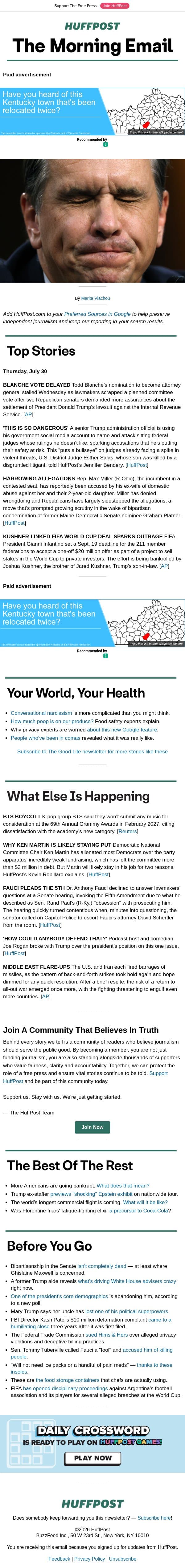 Blanche nomination hits key snag email from HuffPost screenshot