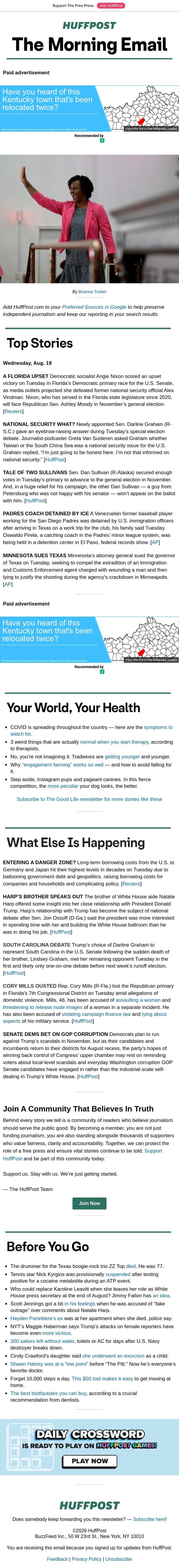 Primary results bring upsets and surprises email from HuffPost screenshot