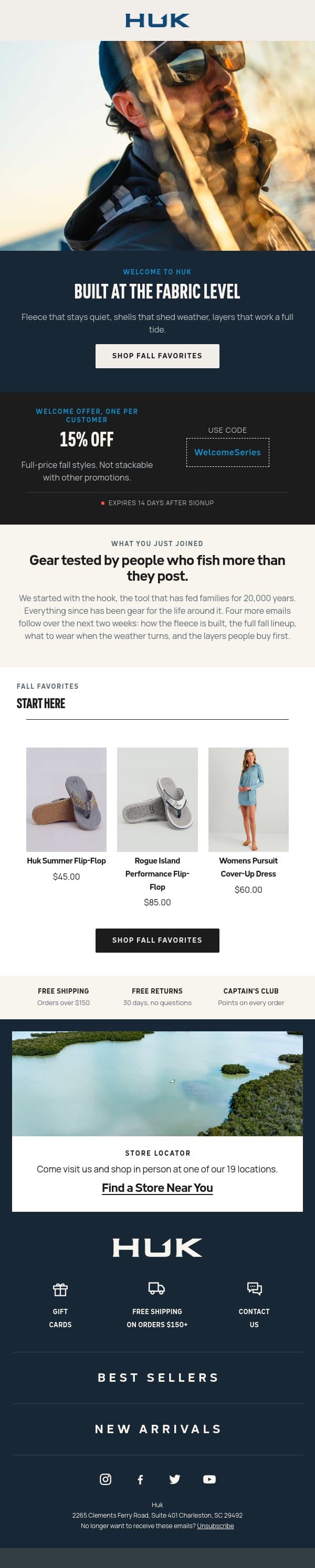 You're in — here's 15% to start email from Huk Gear screenshot