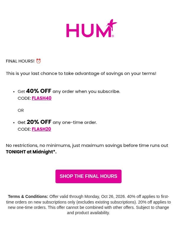 Last chance to save on your terms ⏰ email from HUM Nutrition