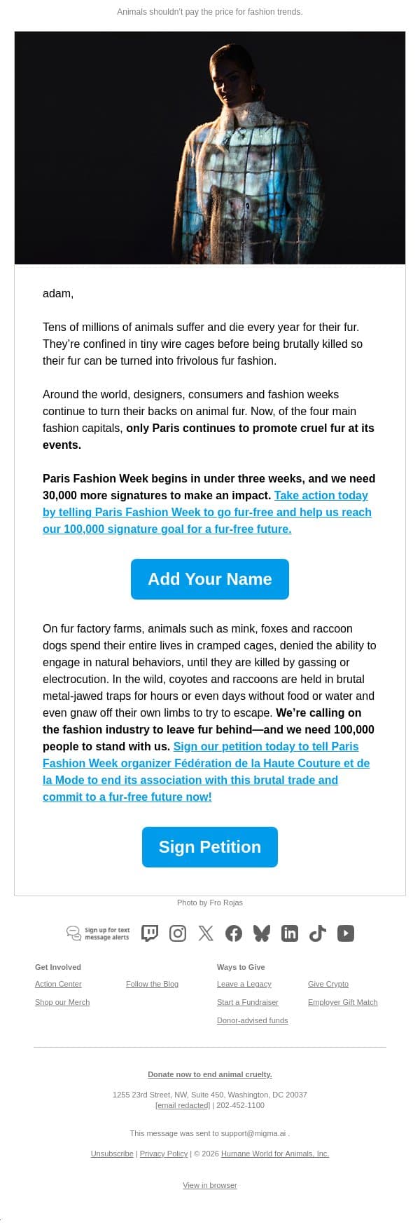 End animal cruelty on the runway email from Humane Society of the United States screenshot