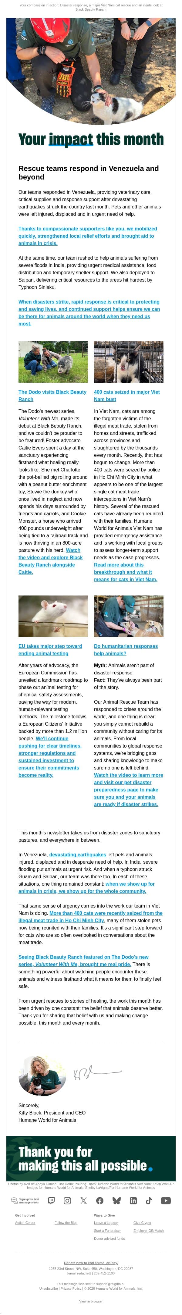 UPDATE: Hope after disaster, safety after rescue email from Humane Society of the United States screenshot