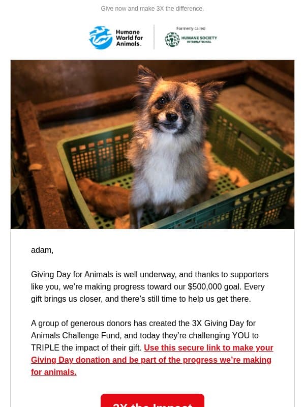 Your gift can still go 3X as far email from Humane Society of the United States