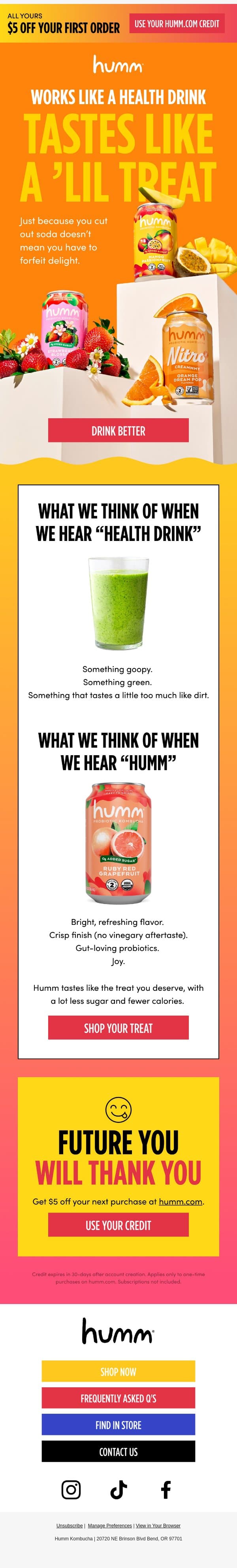 Taking the “ick” out of drinking healthy. email from Humm Kombucha screenshot