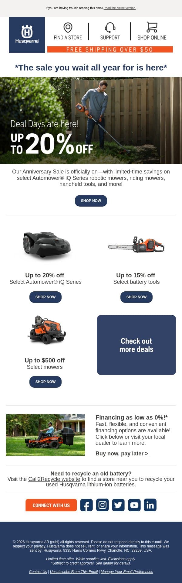 Up to 20% off 💥 – Deal Days are here! email from Husqvarna Group screenshot