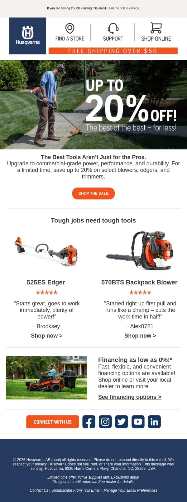 Save up to 20% on pro-grade tools ⭐ email from Husqvarna Group screenshot