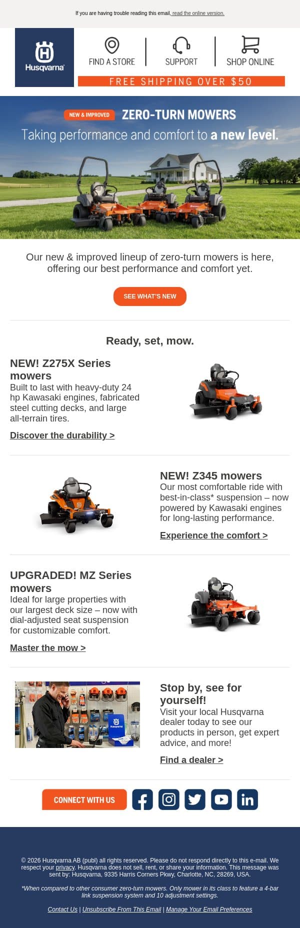 NEW & IMPROVED zero-turn mowers are here for summer! 😎 email from Husqvarna Group screenshot