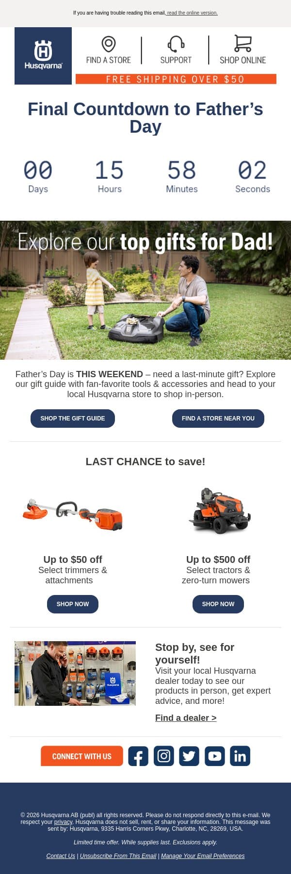 ⏰ FINAL COUNTDOWN ⏰ to Father’s Day! email from Husqvarna Group screenshot