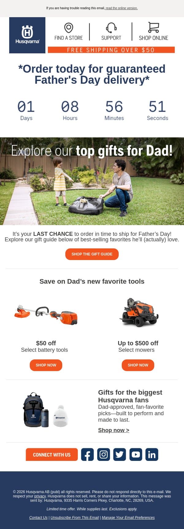 ⏰ Final hours for Father’s Day gifts email from Husqvarna Group screenshot