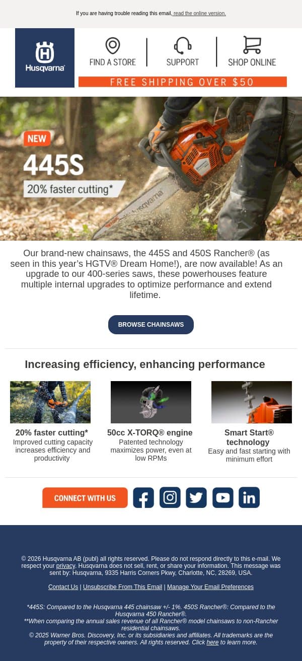 NEW! 445S & 450S Rancher® chainsaws 👀 email from Husqvarna Group screenshot