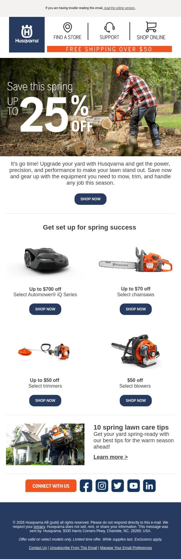 Save this spring 🌱 Up to 25% off 🤩 email from Husqvarna Group screenshot