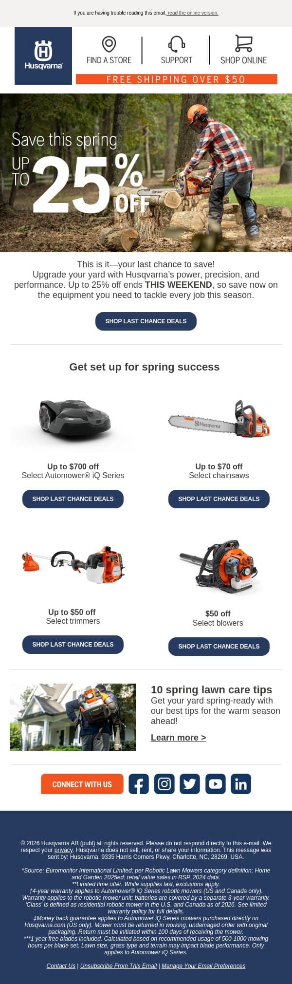 ⏰ Final hours ⏰ Shop spring savings before it ends! 🌱 email from Husqvarna Group screenshot