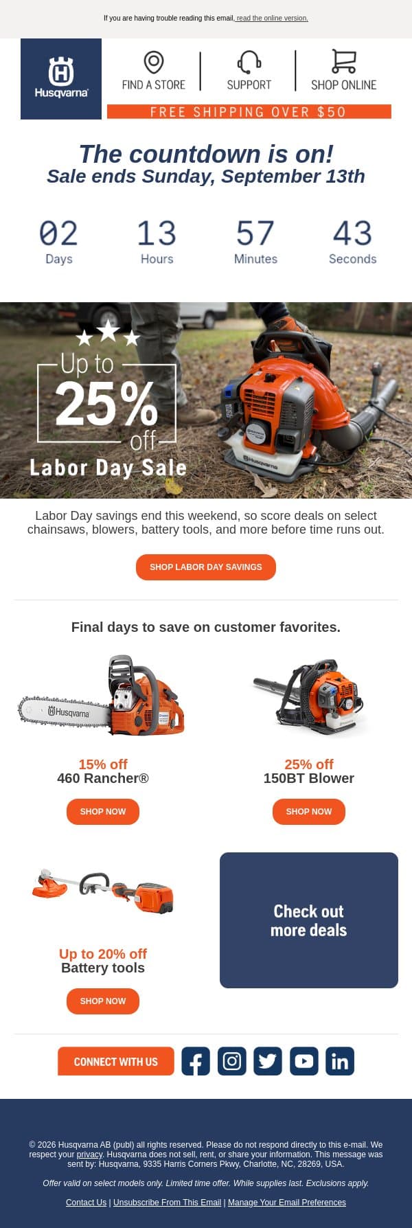 Time Is Running Out: Save Up to 25% email from Husqvarna Group screenshot