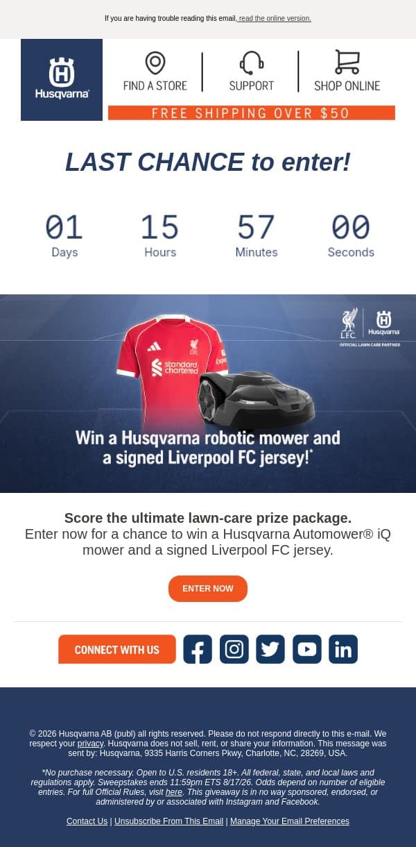Last chance: Your entry could score big ⚽👀 email from Husqvarna Group screenshot