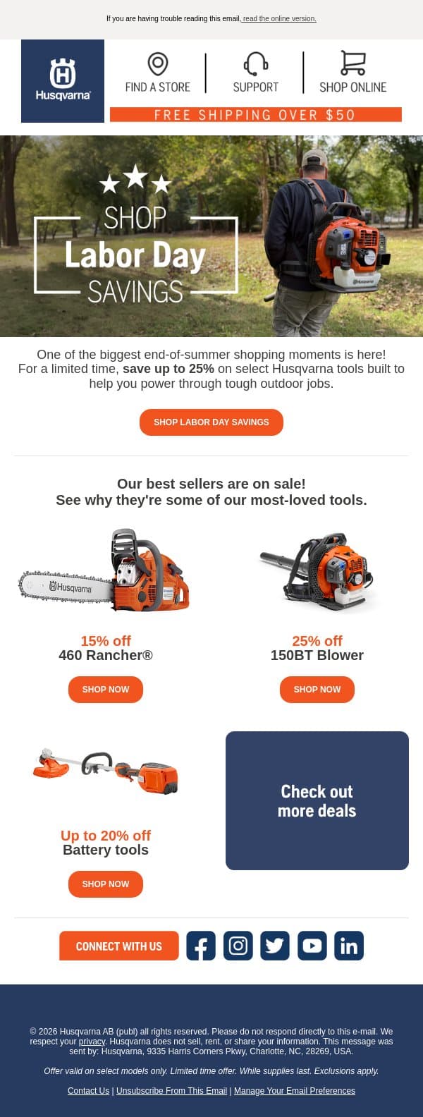 Labor Day Savings: Up to 25% Off email from Husqvarna Group screenshot