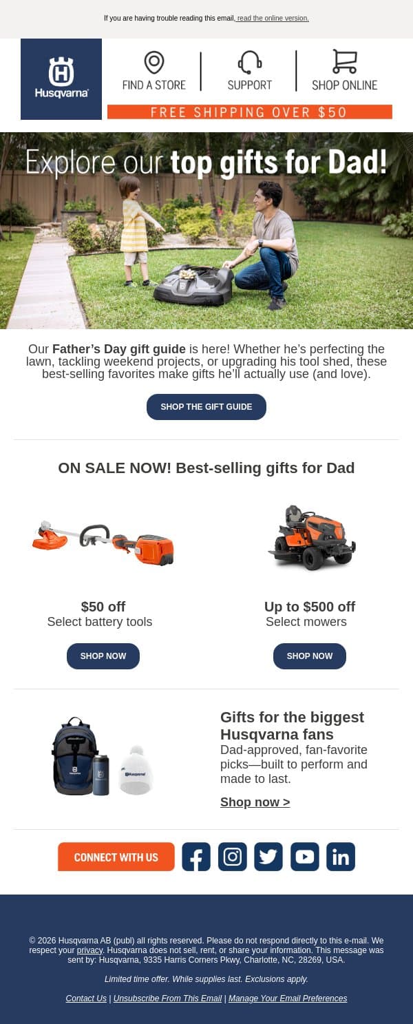 Our Father’s Day gift guide is here 🎉 Top picks on sale now email from Husqvarna Group screenshot