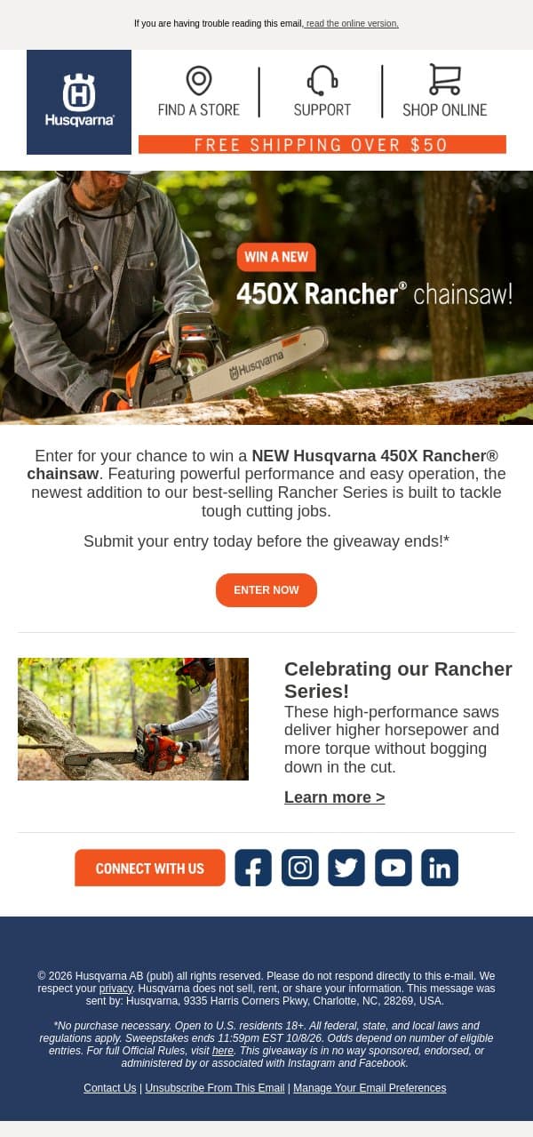 Win a NEW Husqvarna 450X Rancher® Chainsaw email from Husqvarna Group screenshot