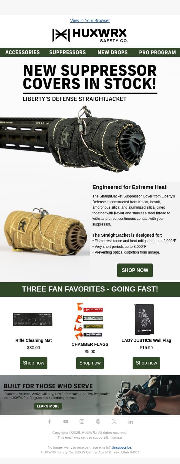 New Suppressor Covers Are Here! email from HUXWRX Safety Co. screenshot