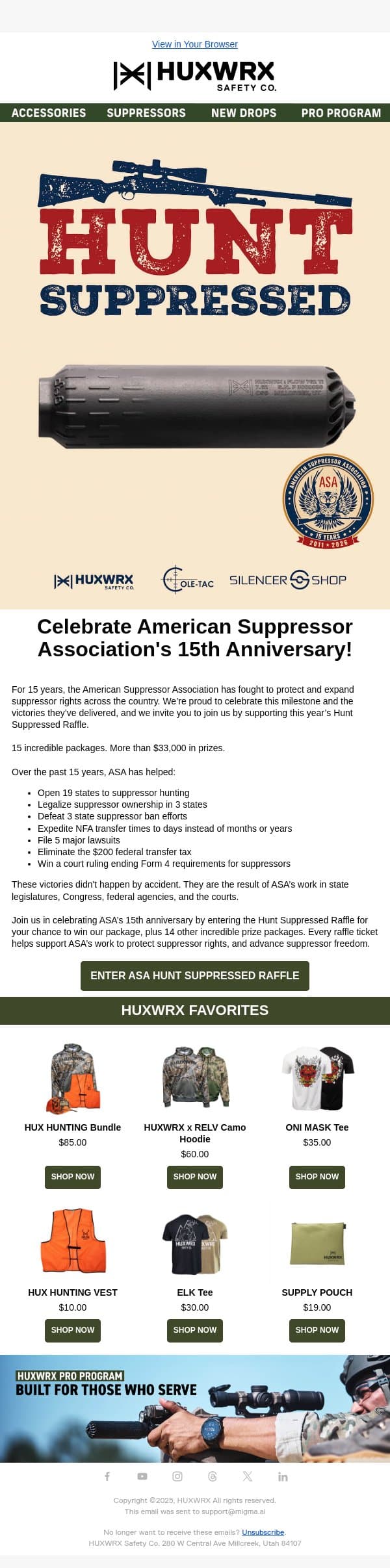 ASA Hunt Suppressed Raffle! email from HUXWRX Safety Co. screenshot