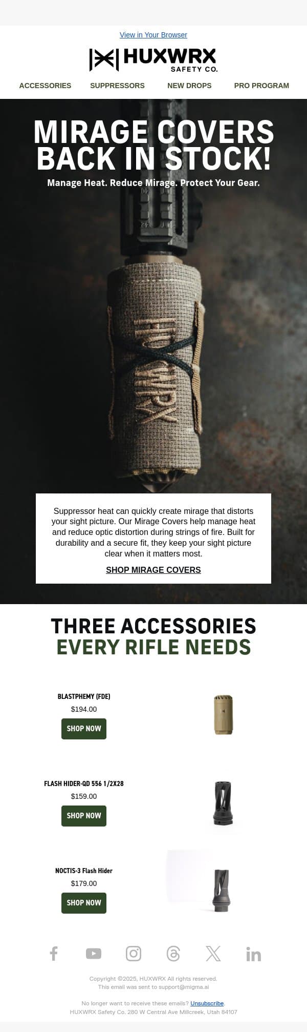 Mirage Covers Back In Stock! email from HUXWRX Safety Co. screenshot