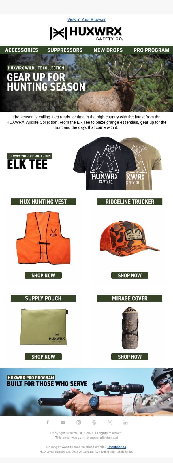 Get Ready for Hunting Season! email from HUXWRX Safety Co. screenshot