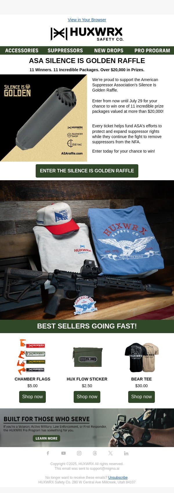Silence is Golden: Enter Today! email from HUXWRX Safety Co. screenshot