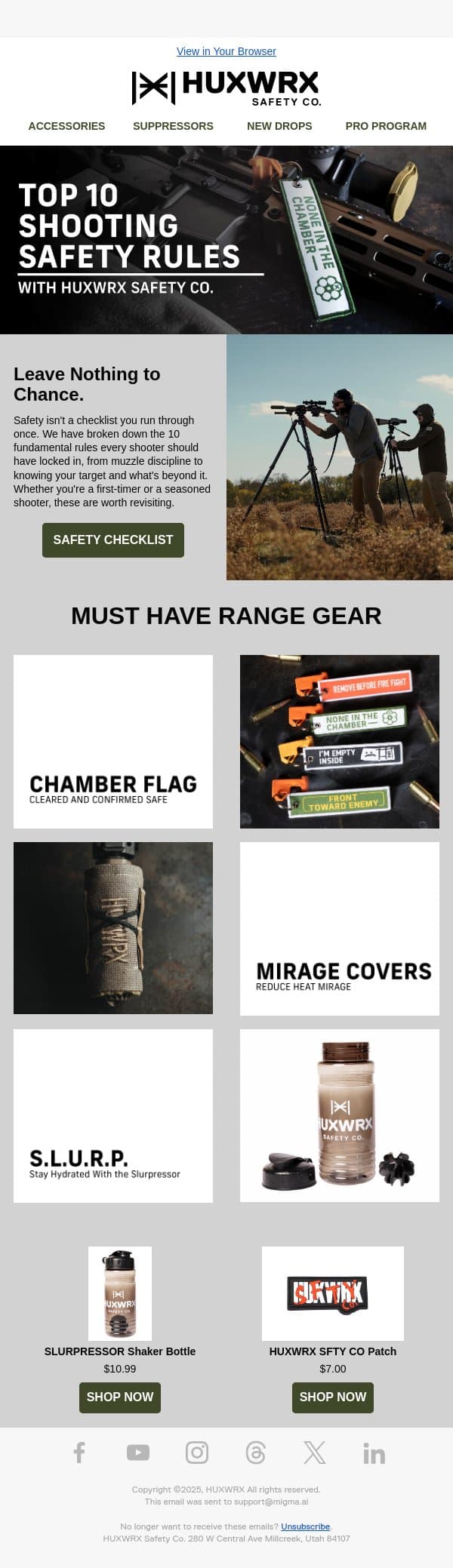 Safety First: Your Range Checklist! email from HUXWRX Safety Co. screenshot