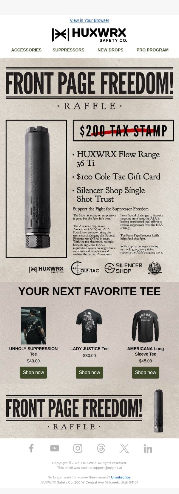 ASA Front Page Freedom Raffle! email from HUXWRX Safety Co. screenshot