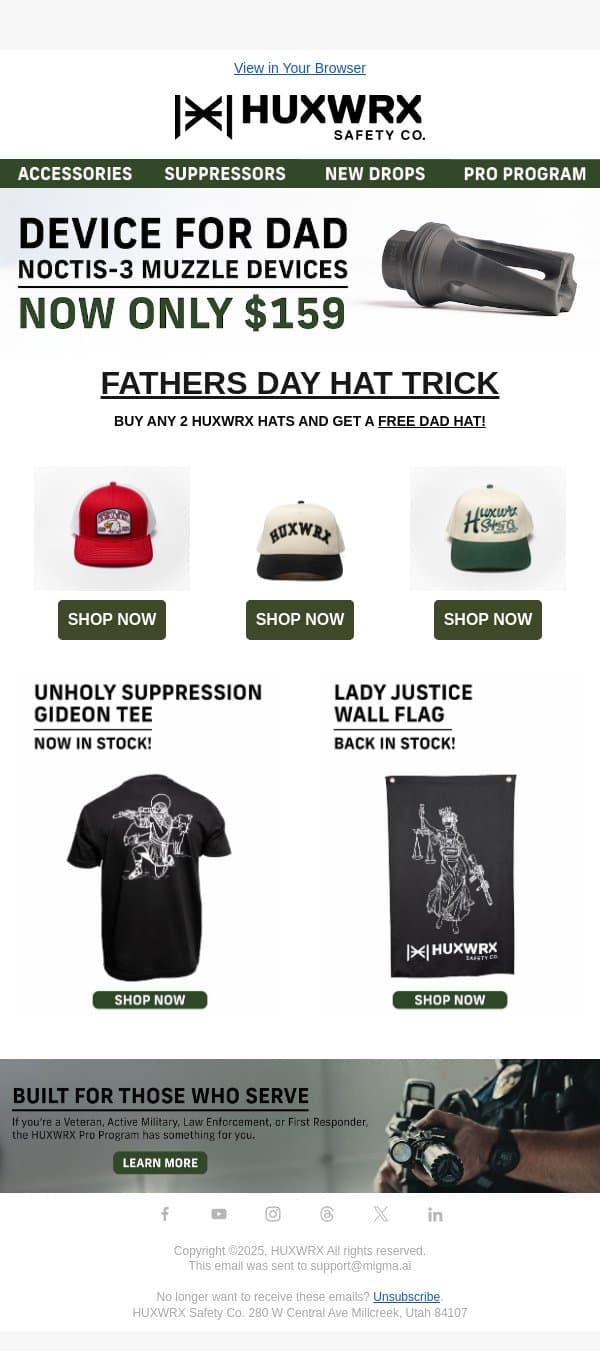 Father's Day Hat Trick: Don't Miss Out! email from HUXWRX Safety Co. screenshot