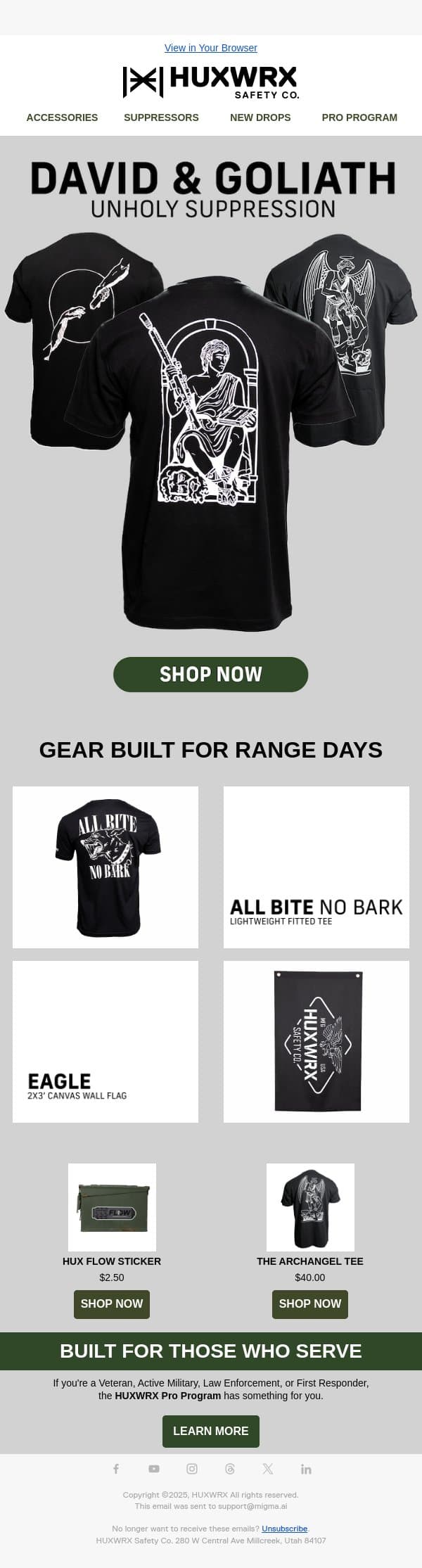 Unholy Suppression: David & Goliath email from HUXWRX Safety Co. screenshot