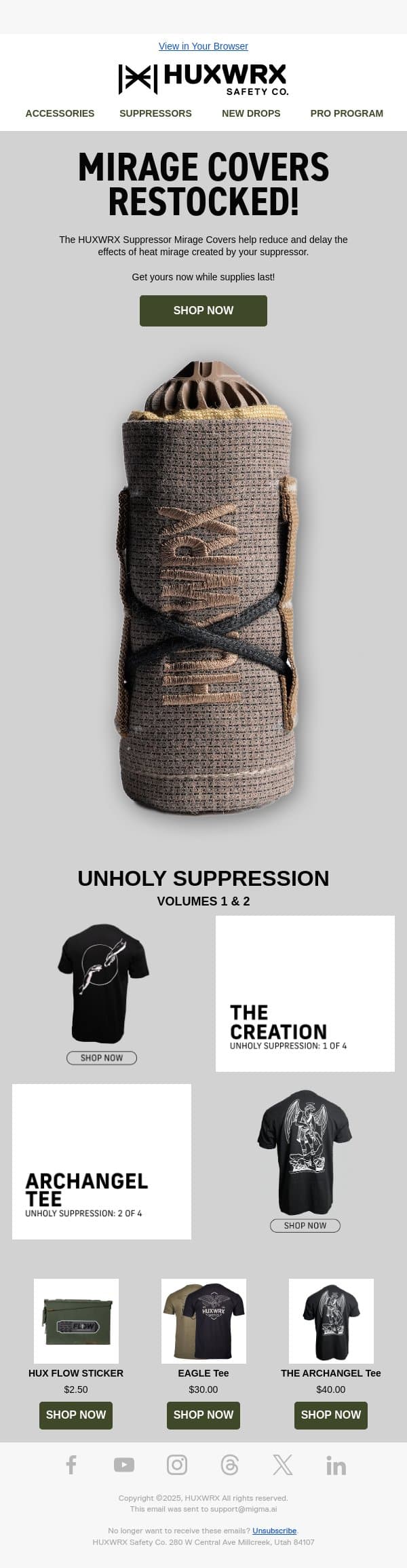 Suppressor Covers Restocked! email from HUXWRX Safety Co. screenshot