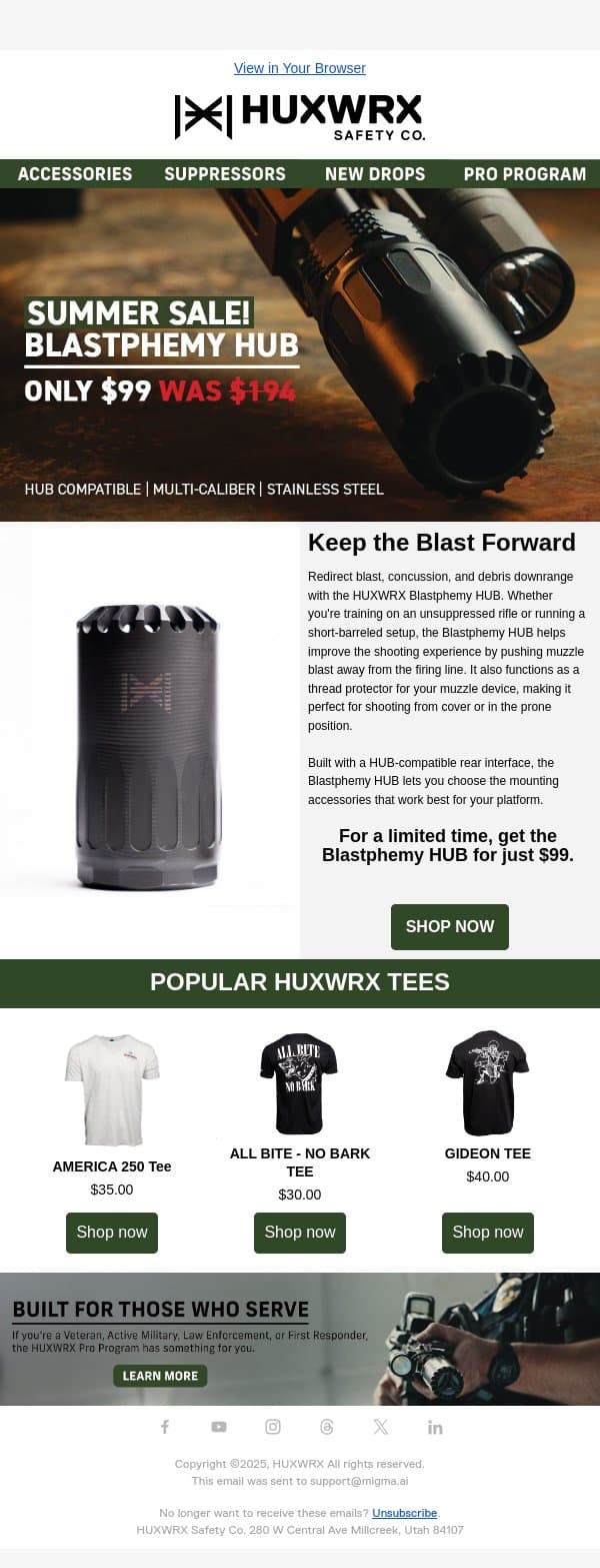 Summer Sale! Blastphemy Hub Only $99 email from HUXWRX Safety Co. screenshot