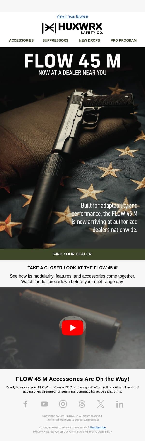 FLOW 45 M - Now Arriving email from HUXWRX Safety Co. screenshot