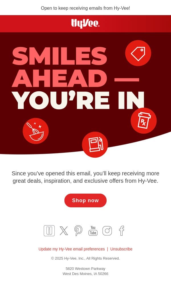 Please don't go — smiles ahead 🙂 email from Hy-Vee screenshot