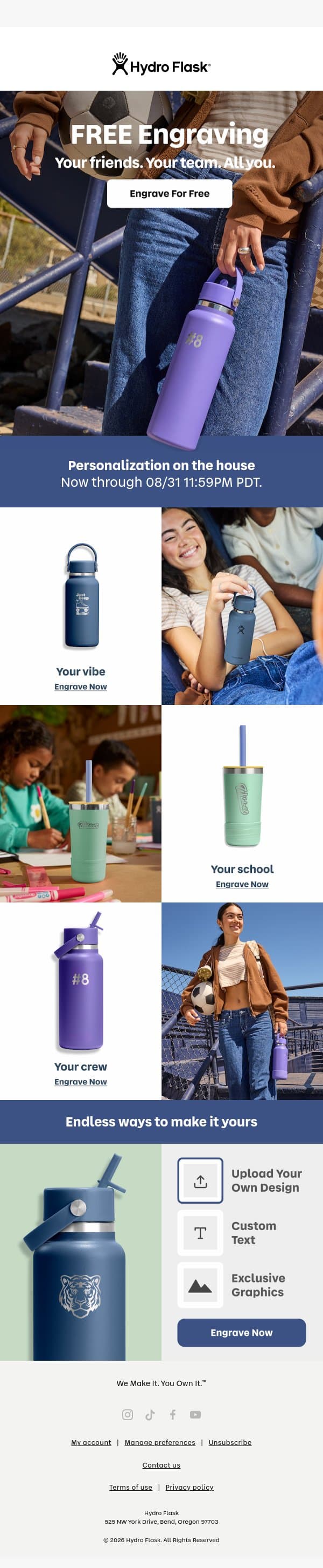 Free engraving on school favorites email from Hydro Flask screenshot