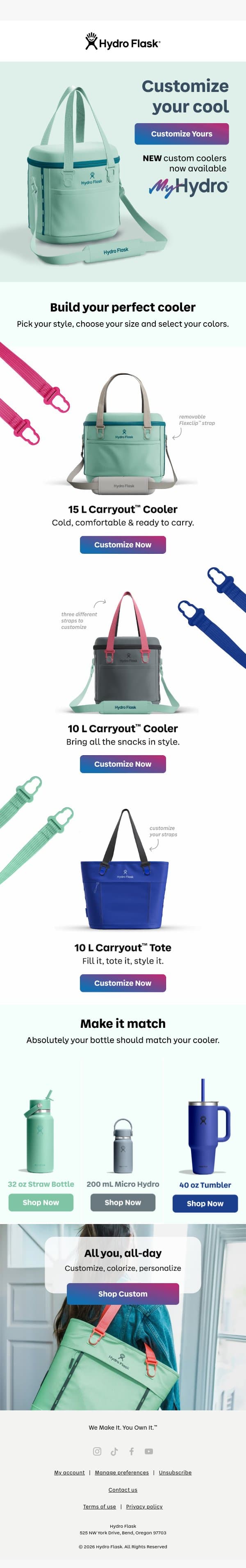 Introducing custom coolers email from Hydro Flask screenshot