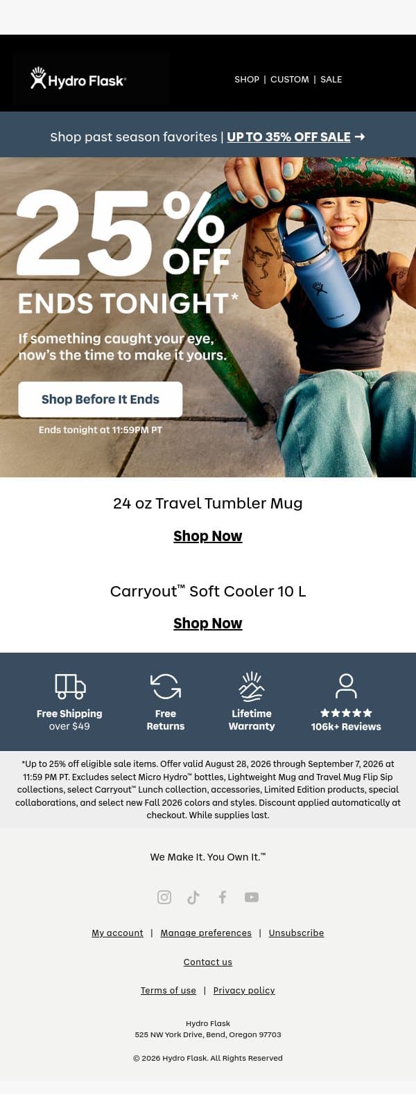 HOURS LEFT. 25% OFF ENDS TONIGHT email from Hydro Flask screenshot