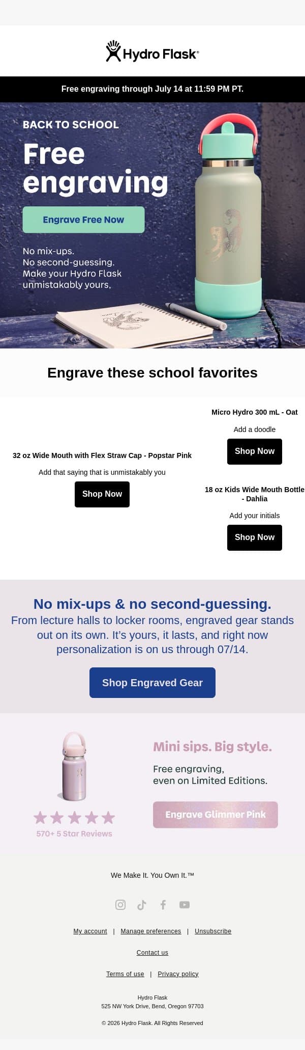 Free engraving is back ✏️ email from Hydro Flask screenshot