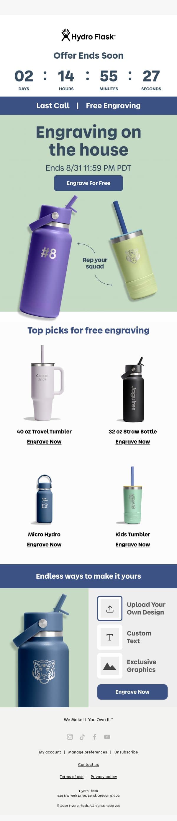 Last chance for free personalization on bestsellers email from Hydro Flask screenshot