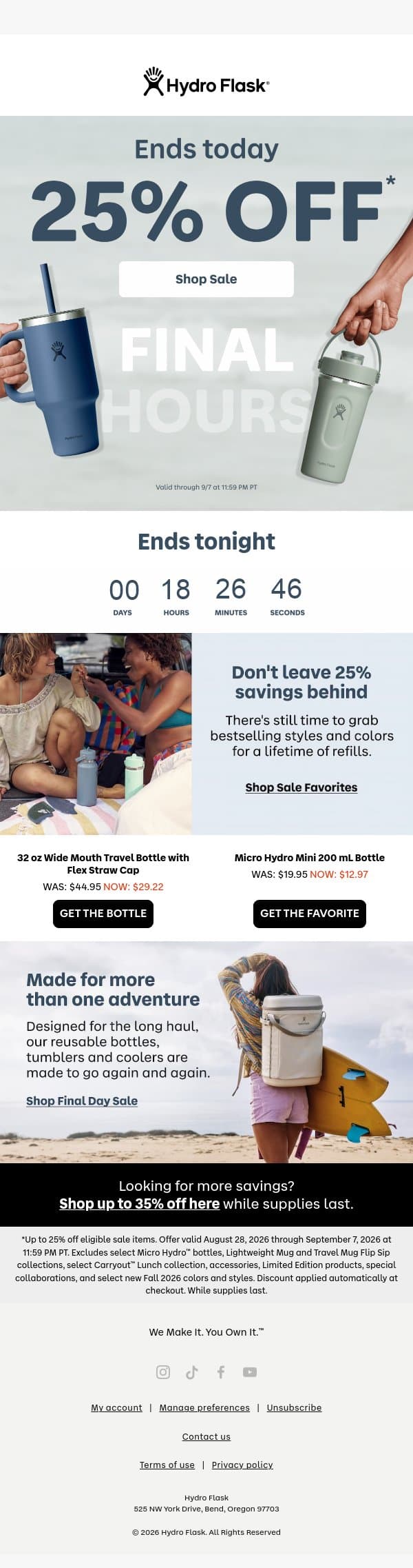 Final day for sitewide savings email from Hydro Flask screenshot