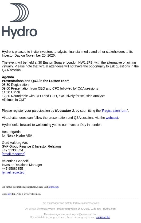 Norsk Hydro: Reminder - Invitation to Hydro’s Investor Day, London email from Hydro screenshot