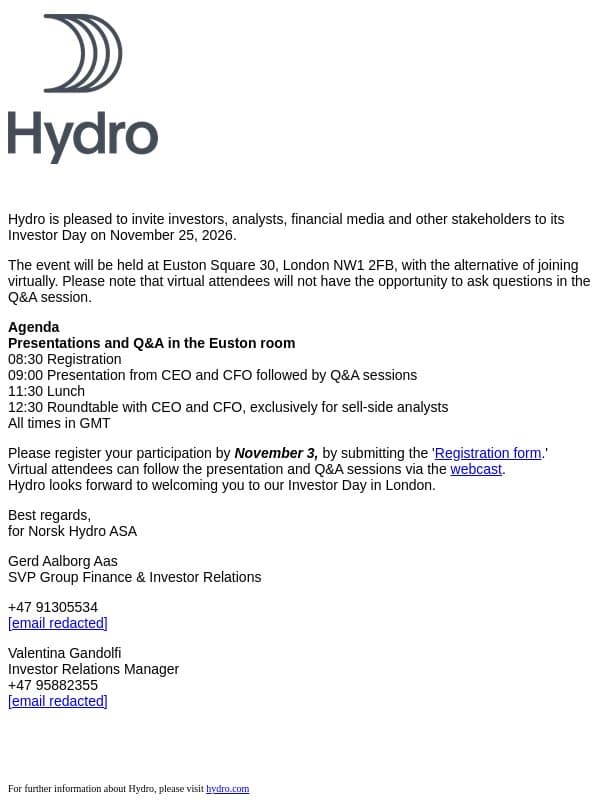 Norsk Hydro: Invitation to Hydro’s Investor Day, London email from Hydro