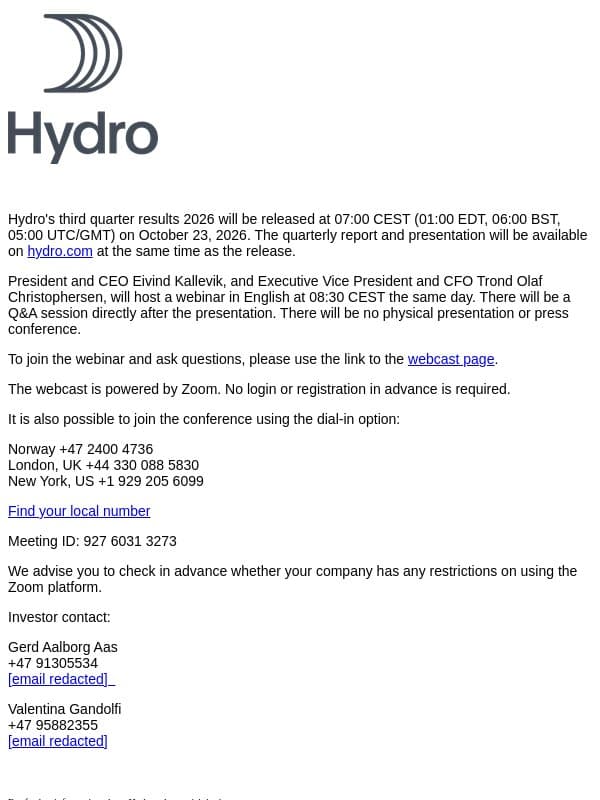Norsk Hydro: Reminder - Invitation to Hydro's third quarter results 2026 email from Hydro