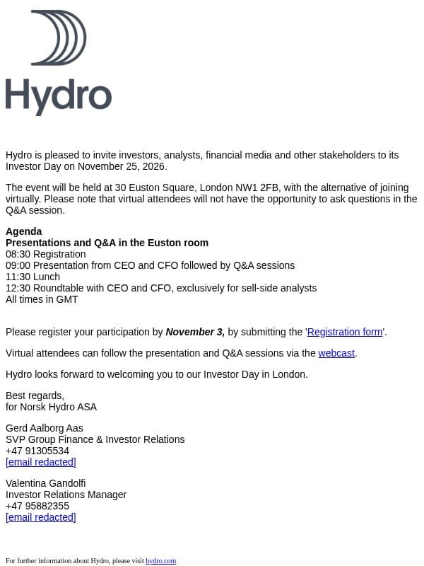 Norsk Hydro: Reminder - Invitation to Hydro’s Investor Day, London email from Hydro