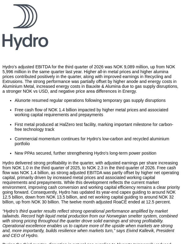 Correction: Norsk Hydro: Solid results and strong performance email from Hydro
