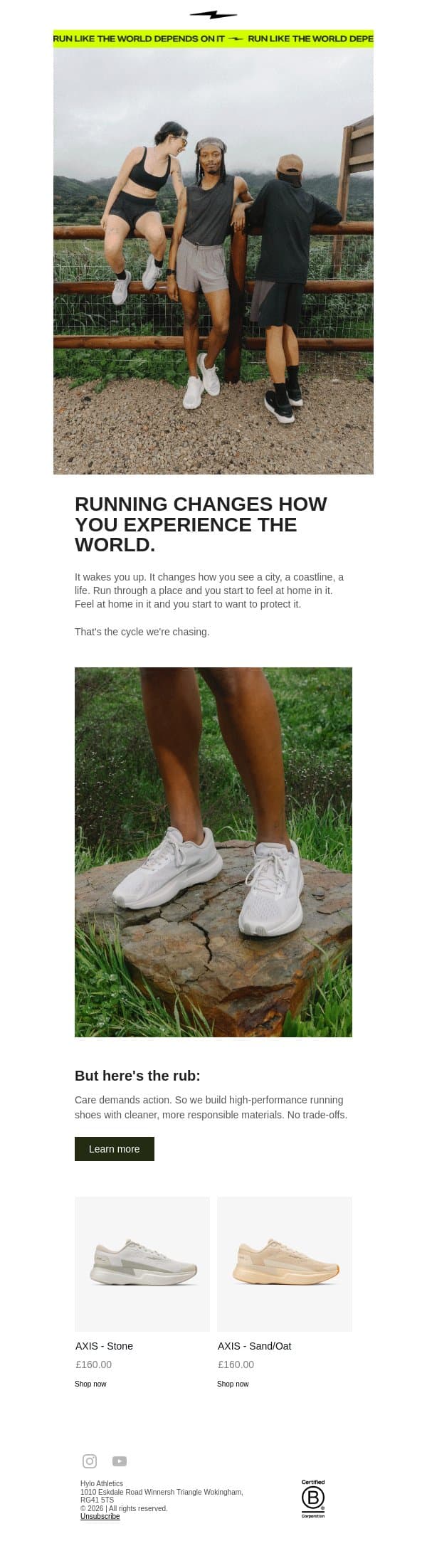 RUN LIKE THE WORLD DEPENDS ON IT email from Hylo Athletics screenshot