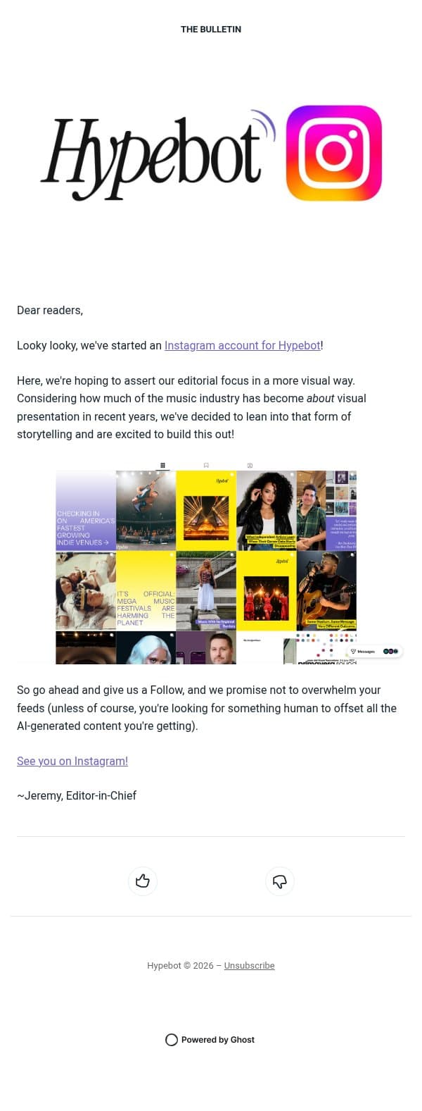We (Finally) Started an Instagram Account email from Hypebot screenshot