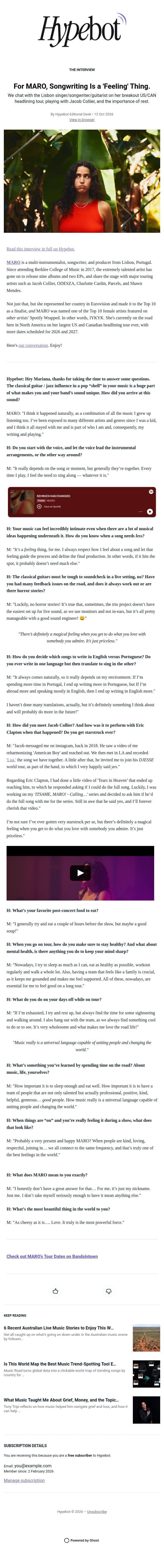 For MARO, Songwriting Is a 'Feeling' Thing. email from Hypebot screenshot