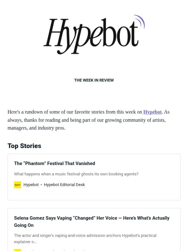 The Week in Review: Oct 16-22, 2026 email from Hypebot